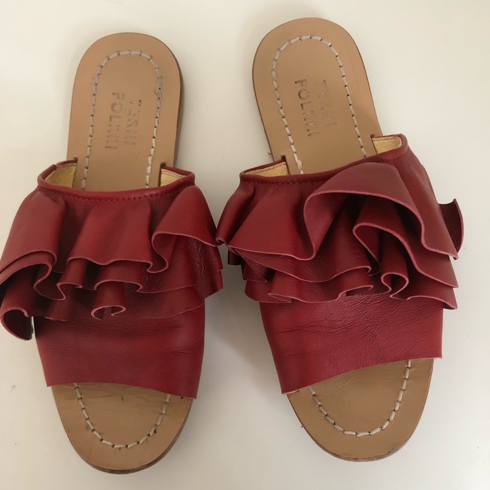 Red ruffled leather Terhi Pollki Sandals from Anthropologie